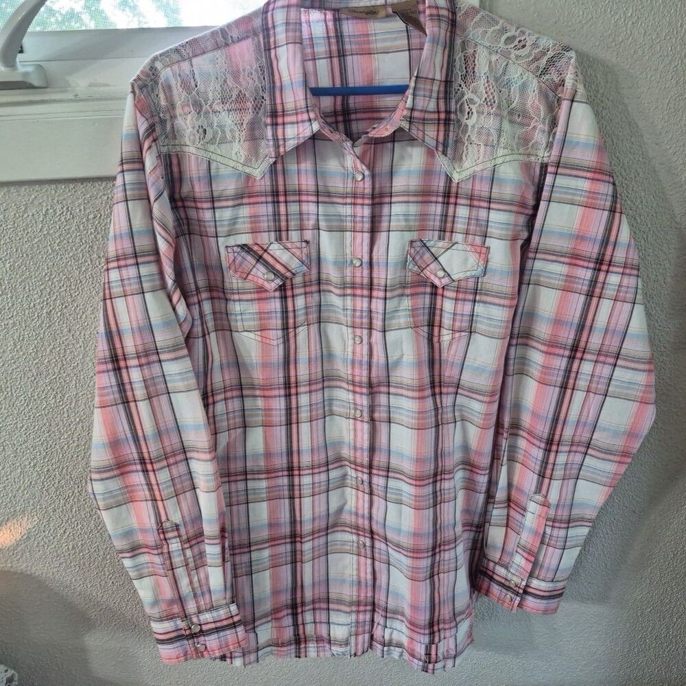 LADIES WRANGLER SNAP FRONT LONG SLEEVE WESTERN LACE OVERLAY PLAID SHIRT SZ 2X